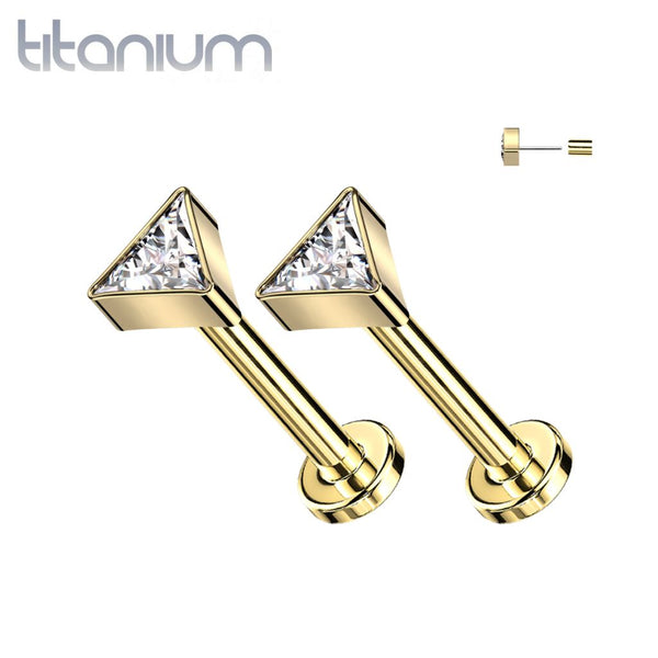 Pair of Implant Grade Titanium Gold PVD White CZ Triangle Threadless Push In Earrings With Flat Back - Pierced Universe