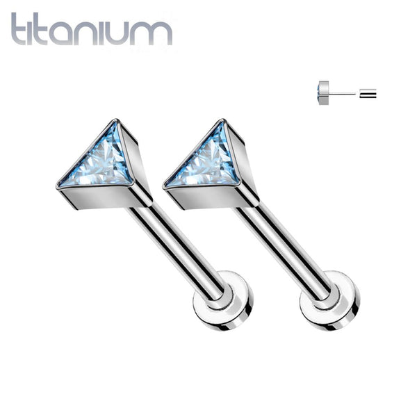Pair of Implant Grade Titanium Aqua CZ Triangle Threadless Push In Earrings With Flat Back - Pierced Universe