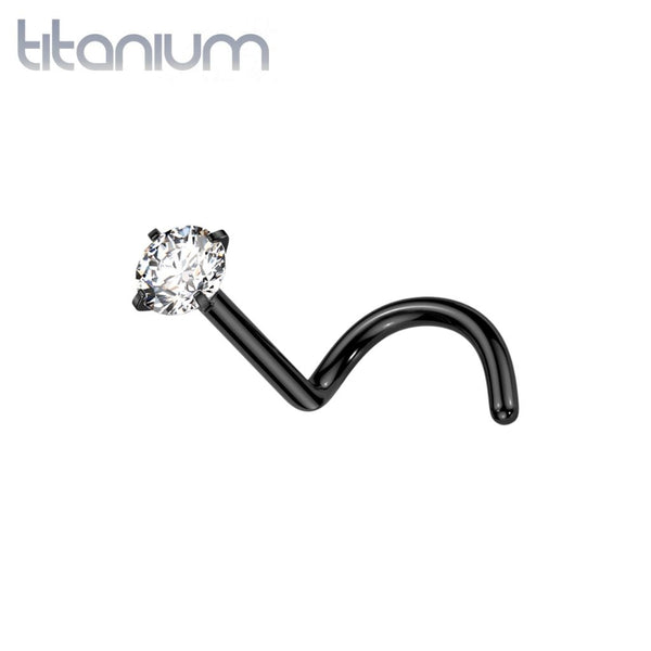 Implant Grade Titanium Black PVD Corkscrew Nose Ring Stud White CZ Gem - Pierced Universe