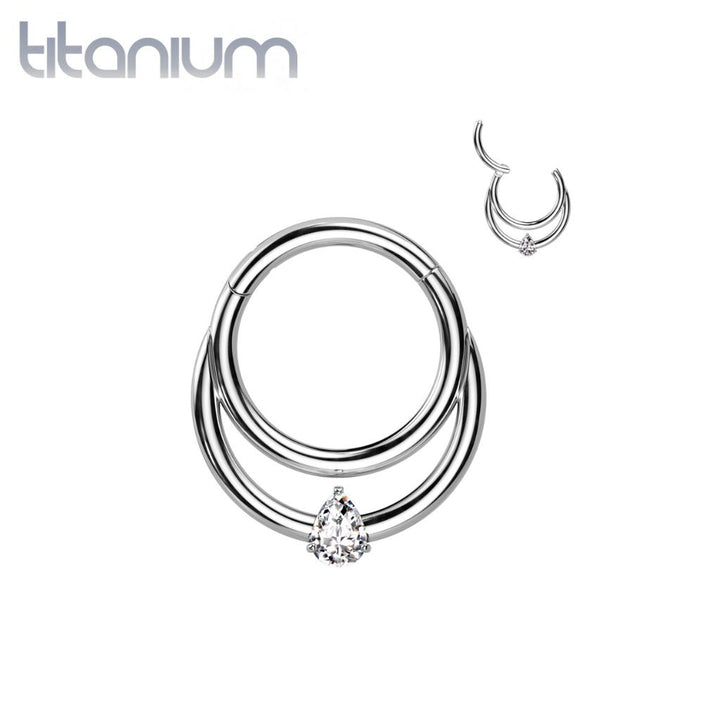 Implant Grade Titanium Double White CZ Gem Hinged Septum Daith Clicker Hoop - Pierced Universe