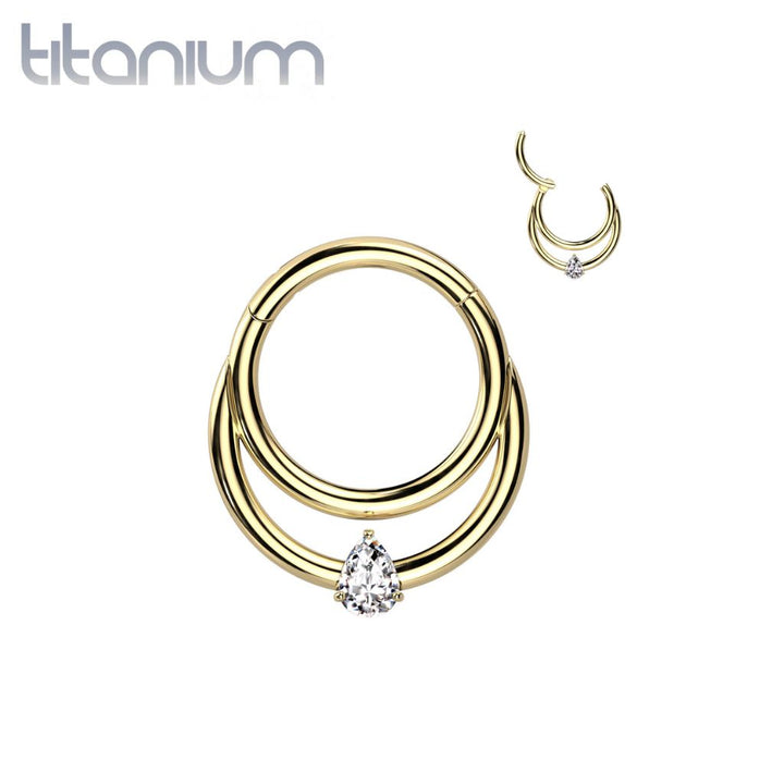 Implant Grade Titanium Gold PVD Double White CZ Gem Hinged Septum Daith Clicker Hoop - Pierced Universe