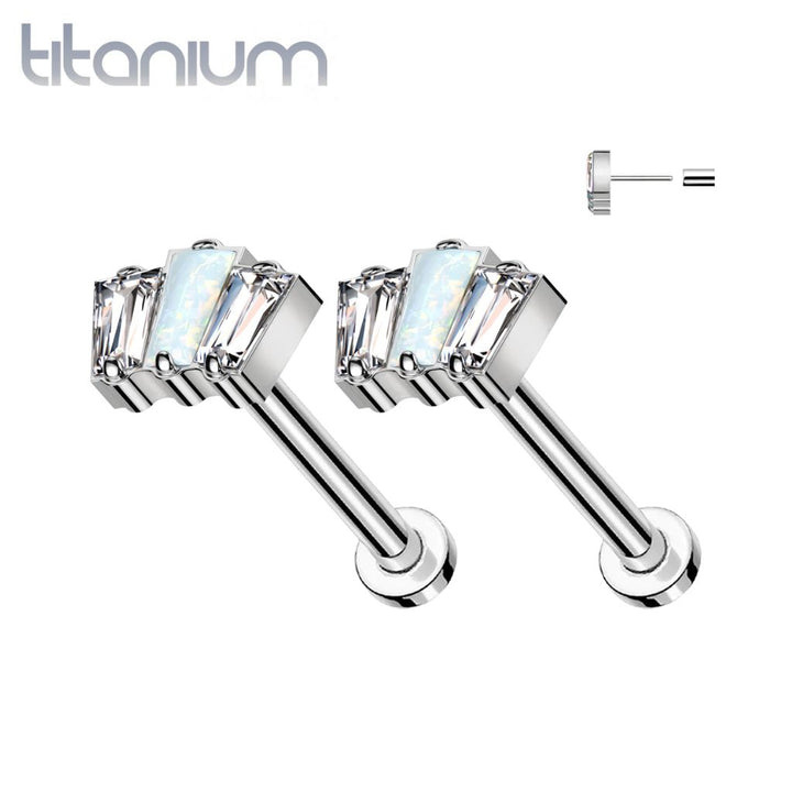 Pair of Implant Grade Titanium Triple Baguette White Opal CZ Threadless Push In Earrings With Flat Back - Pierced Universe