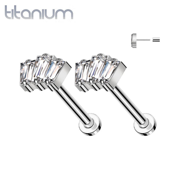 Pair of Implant Grade Titanium Triple Baguette White CZ Threadless Push In Earrings With Flat Back - Pierced Universe