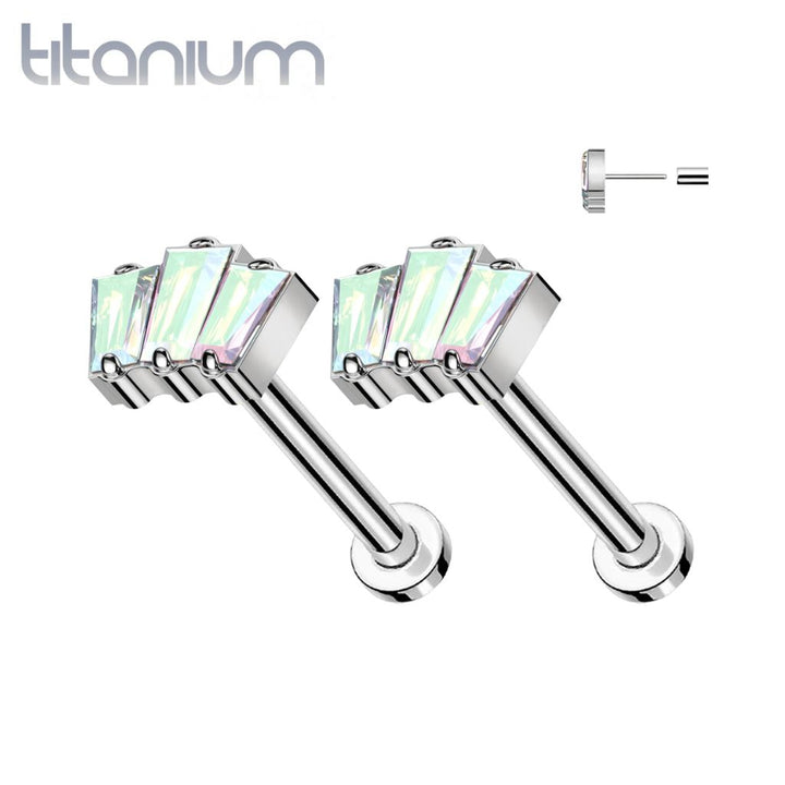 Pair of Implant Grade Titanium Triple Baguette AB CZ Threadless Push In Earrings With Flat Back - Pierced Universe