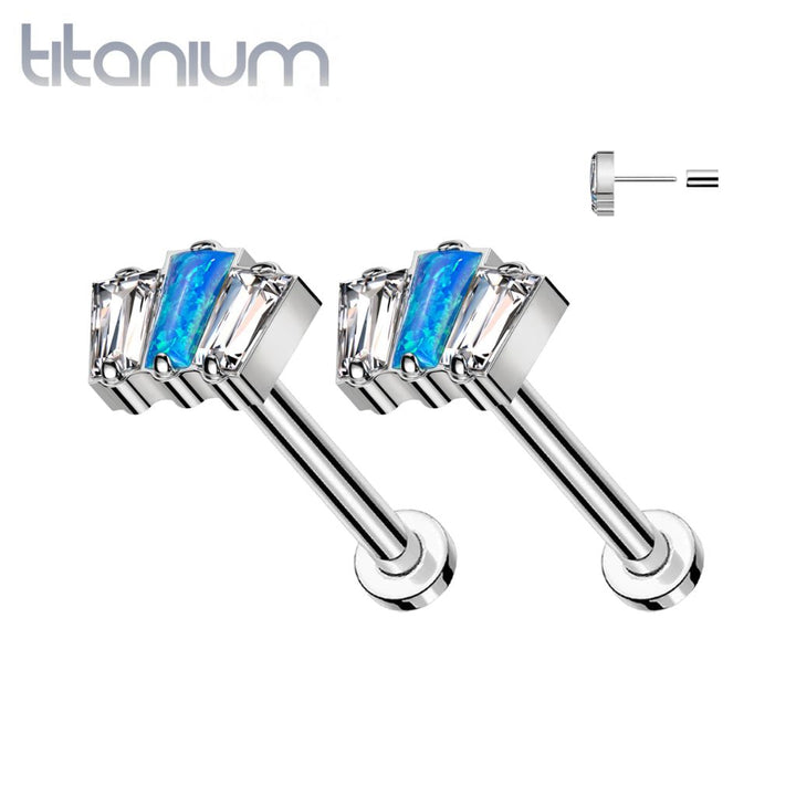 Pair of Implant Grade Titanium Triple Baguette Blue Opal White CZ Threadless Push In Earrings With Flat Back - Pierced Universe