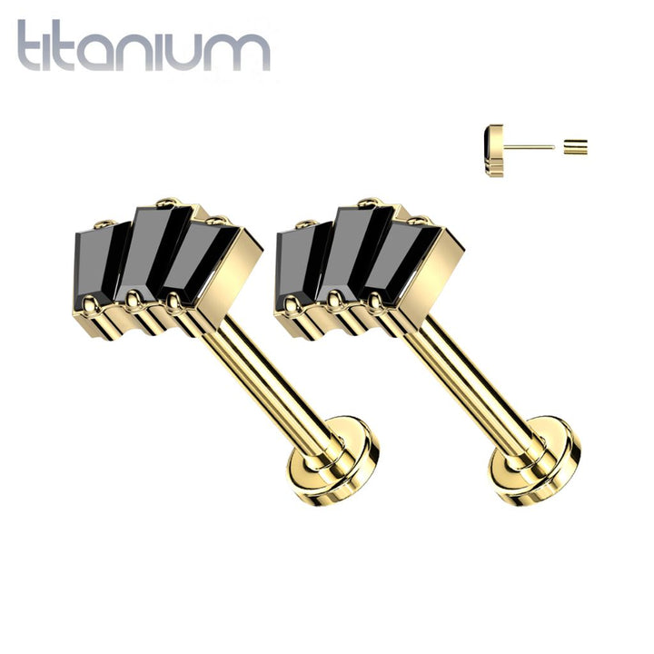 Pair of Implant Grade Titanium Gold PVD Triple Baguette Black CZ Threadless Push In Earrings With Flat Back - Pierced Universe