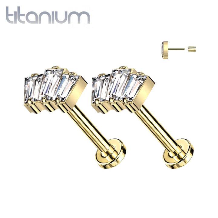 Pair of Implant Grade Titanium Gold PVD Triple Baguette White CZ Threadless Push In Earrings With Flat Back - Pierced Universe
