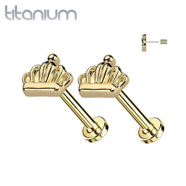 Pair of Implant Grade Titanium Gold PVD Large Crown Push In Earrings With Flat Back - Pierced Universe
