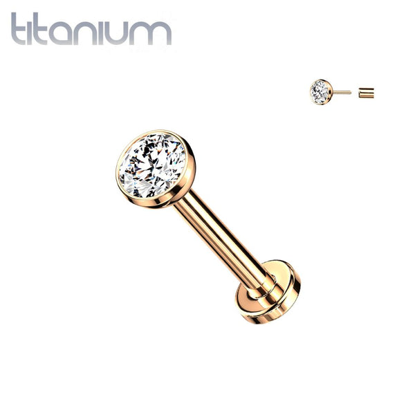 Implant Grade Titanium Rose Gold PVD White CZ Bezel Gem Threadless Push In Labret - Pierced Universe