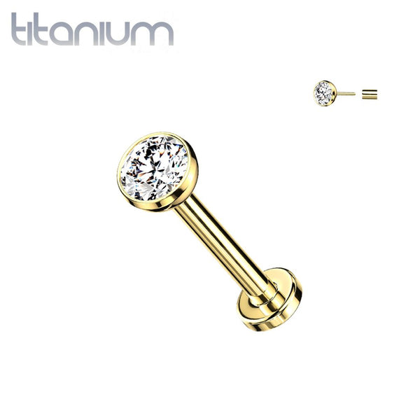 Implant Grade Titanium Gold PVD White CZ Bezel Gem Threadless Push In Labret - Pierced Universe