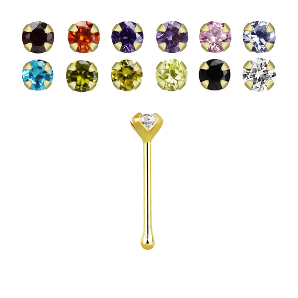 14KT Real Solid Gold Clear CZ Prong Set Nose Bone Pin Ring - Pierced Universe
