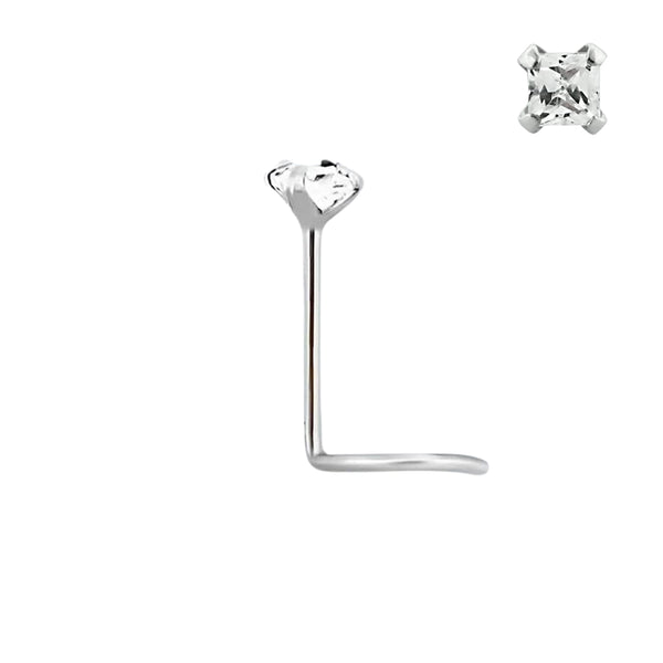 14KT Real White Gold Square White CZ Gem Nose Screw Ring Pin - Pierced Universe