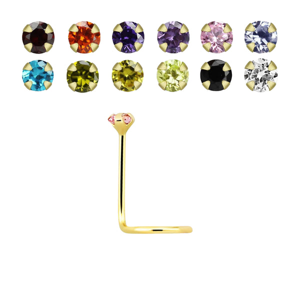 14KT Solid Gold Nose Screw Round Prong Set CZ Nose Ring Pin - Pierced Universe