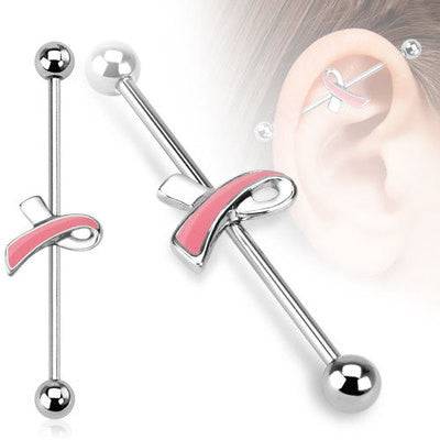 14ga Surgical Steel Pink Breast Cancer Ribbon Straight Industrial Barbell - Pierced Universe