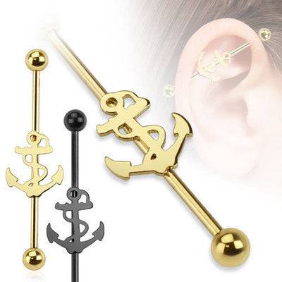 14ga Surgical Steel PVD Plated Anchor Straight Industrial Barbell - Pierced Universe