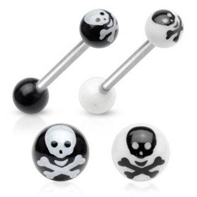 14ga Surgical Steel Straight Barbell Tongue Ring with Crossbones Acrylic Ends - Pierced Universe