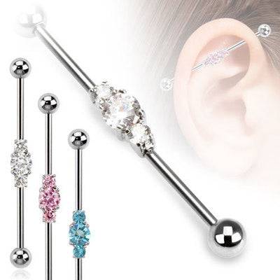 14ga Surgical Steel Straight Industrial Barbell with 3 Prong CZ Gem Centre - Pierced Universe