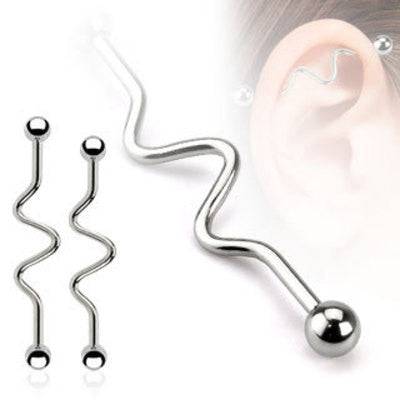 14ga Surgical Steel Straight Industrial Barbell with Wavy Design in Different Lengths - Pierced Universe