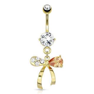 14kt Gold Plated Dangling White Clear CZ and Topaz Ribbon Belly Button Navel Ring - Pierced Universe