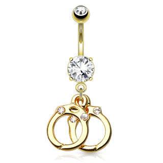 14kt Gold Plated over Surgical Steel Dangling Clear CZ Double Handcuffs Belly Button Navel Ring - Pierced Universe