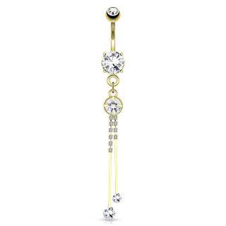 14kt Gold Plated over Surgical Steel Dangling Multi Paved String White CZ Belly Button Navel Ring - Pierced Universe