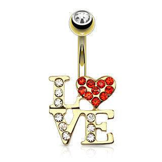 14kt Gold Plated over Surgical Steel Love Heart Paved CZ Belly Button Navel Ring - Pierced Universe