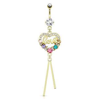 14kt Gold Plated over Surgical Steel "Love" Multi Color Heart With CZ Gems Belly Button Navel Ring - Pierced Universe