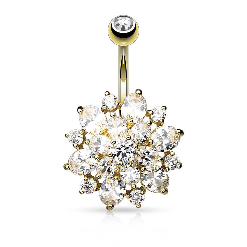 14kt Gold Plated Surgical Steel Multi CZ Crystal Flower Belly Button Navel Ring - Pierced Universe