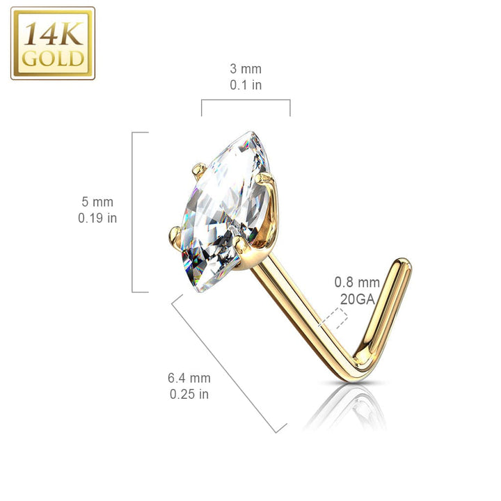 14KT Solid Gold L Shape Aqua Marquise CZ Nose Ring Stud - Pierced Universe