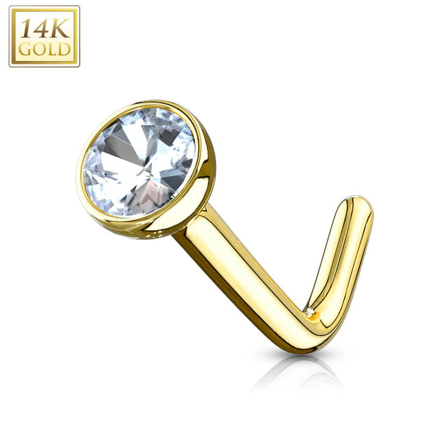 14KT Solid Gold L Shape Bent Bezel CZ Nose Ring Stud - Pierced Universe