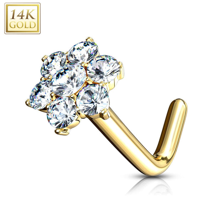 14KT Solid Gold L Shape Flower CZ Nose Ring Stud - Pierced Universe