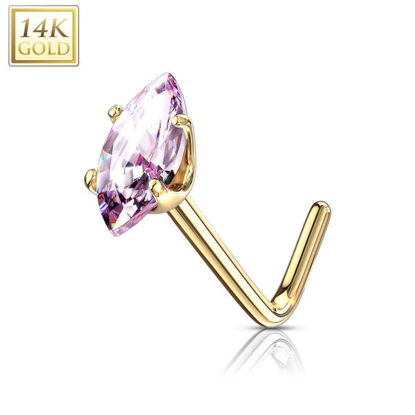14KT Solid Gold L Shape Pink Marquise CZ Nose Ring Stud - Pierced Universe