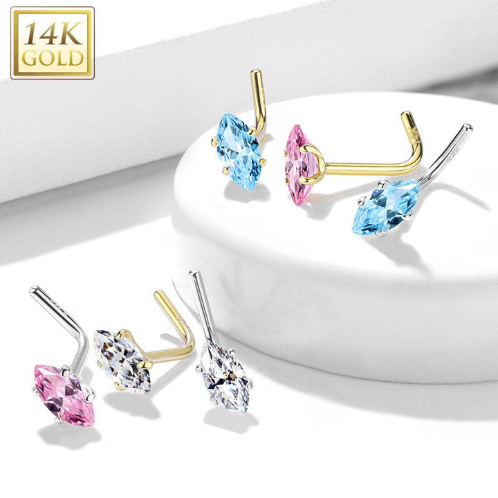 14KT Solid Gold L Shape Pink Marquise CZ Nose Ring Stud - Pierced Universe