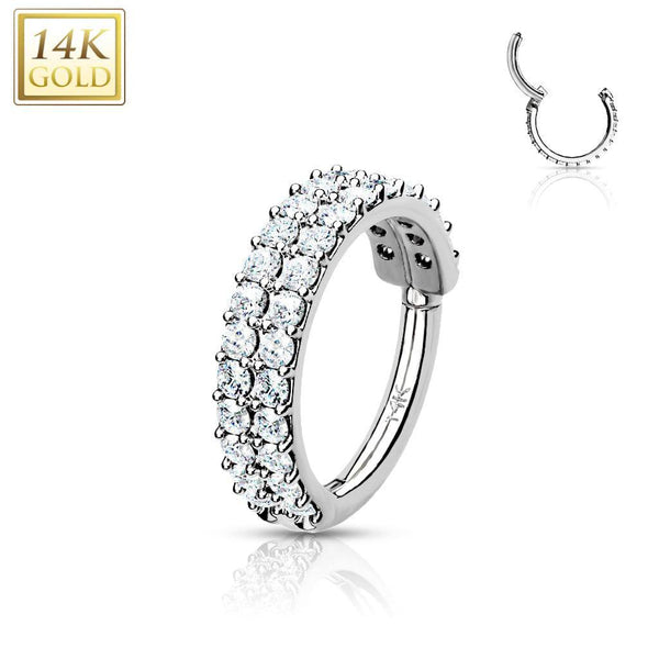 14KT Solid White Gold 2 Row White CZ Ear Cartilage Hinged Clicker Hoop - Pierced Universe