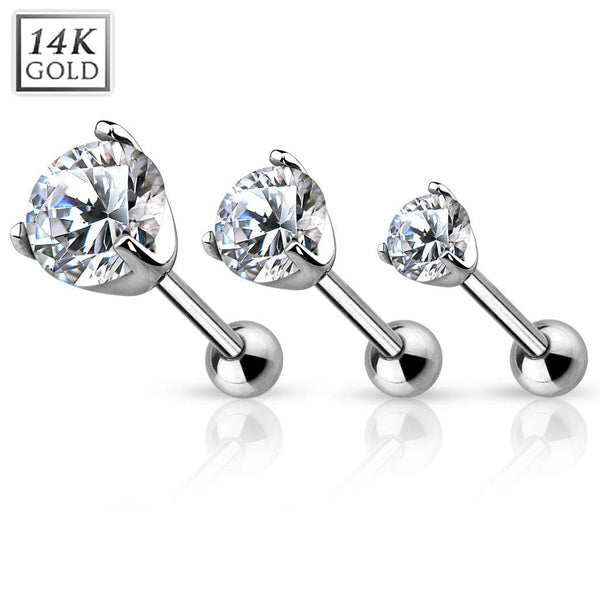 14KT Solid White Gold Ball Back White CZ Prong Cartilage Helix Stud - Pierced Universe