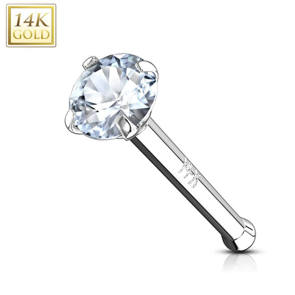14KT Solid White Gold Ball End White CZ Prong Nose Pin Ring - Pierced Universe