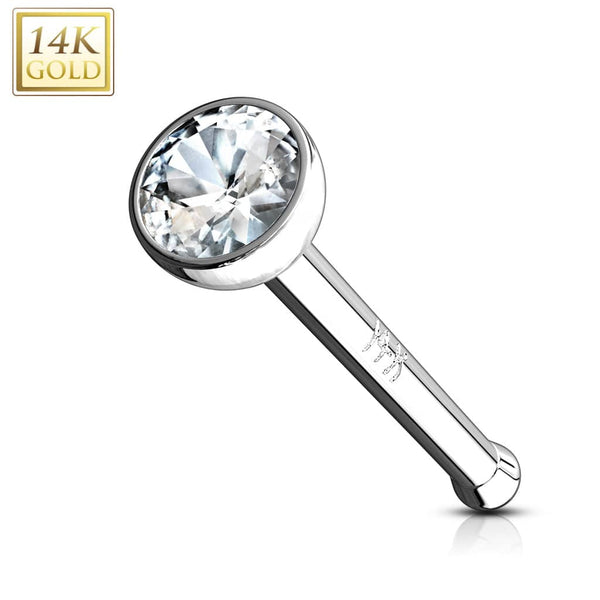 14KT Solid White Gold Bezel White 2mm CZ Nose Bone Ring Stud - Pierced Universe