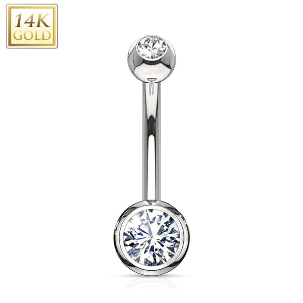 14KT Solid White Gold Double White Ball CZ Gem Belly Button Ring - Pierced Universe