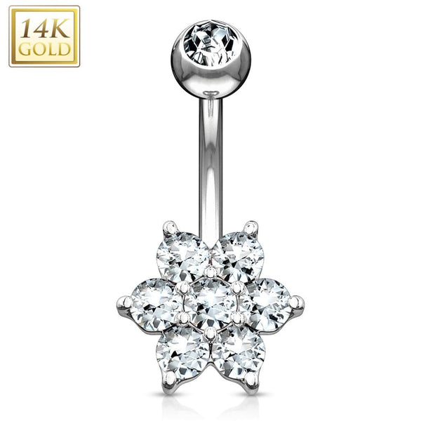 14KT Solid White Gold Flower White CZ Belly Ring - Pierced Universe