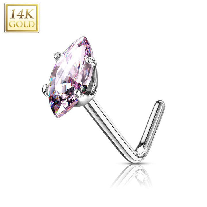 14KT Solid White Gold L Shape Pink Marquise CZ Nose Ring Stud - Pierced Universe