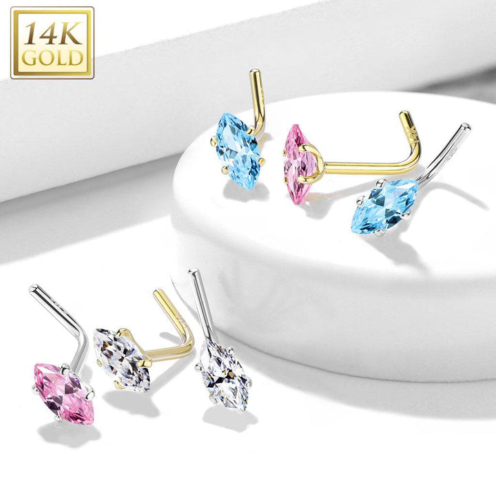14KT Solid White Gold L Shape Pink Marquise CZ Nose Ring Stud - Pierced Universe