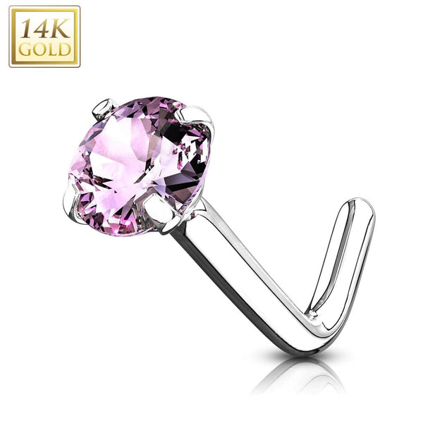 14KT Solid White Gold "L" Shaped Bent Pink Circle CZ Nose Ring Stud - Pierced Universe