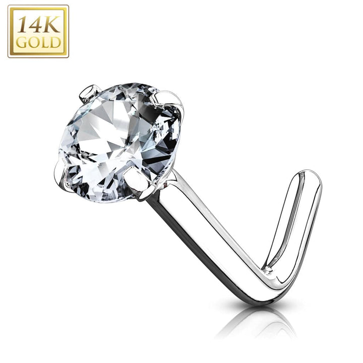 14KT Solid White Gold "L" Shaped Bent White CZ Circle Nose Ring Stud - Pierced Universe