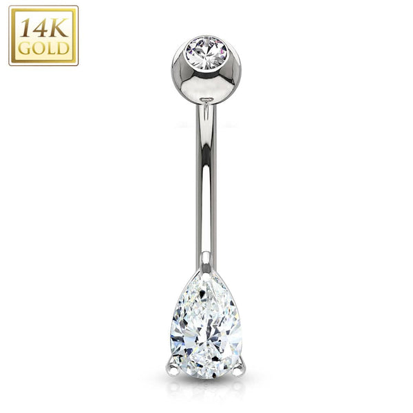 14KT Solid White Gold Tear Drop White CZ Belly Ring - Pierced Universe