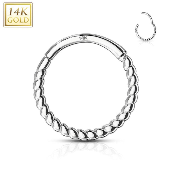 14KT Solid White Gold Twisted Rope Braided Segment Hinged Clicker Hoop - Pierced Universe