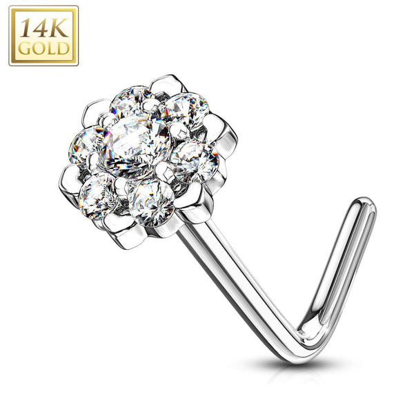 14KT Solid White Gold L Shape Flower Nose Ring with White CZ 14KT Solid White Gold L Shape Flower Nose Ring with White CZ