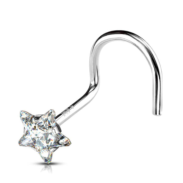 14KT Solid White Gold White Star Gem Corkscrew Nose Stud 14KT Solid White Gold White Star Gem Corkscrew Nose Stud