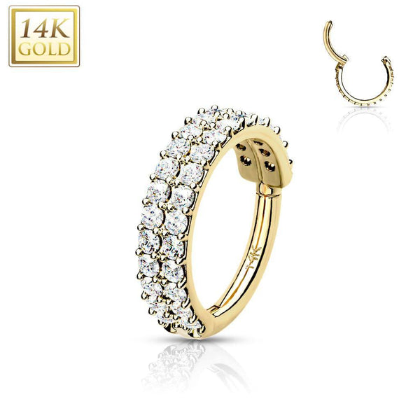 14KT Solid Yellow Gold 2 Row White CZ Ear Cartilage Hinged Clicker Hoop - Pierced Universe