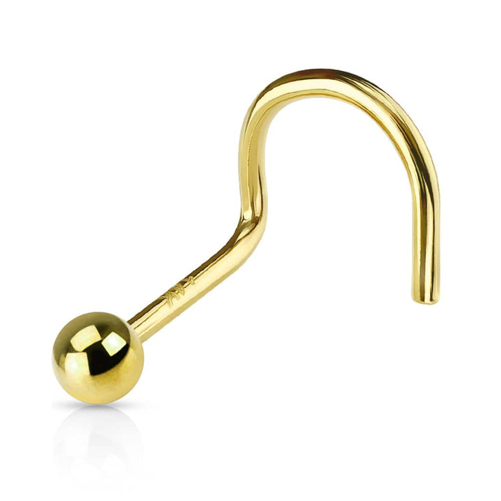 14KT Solid Yellow Gold 2mm Ball Corkscrew Nose Ring Stud - Pierced Universe