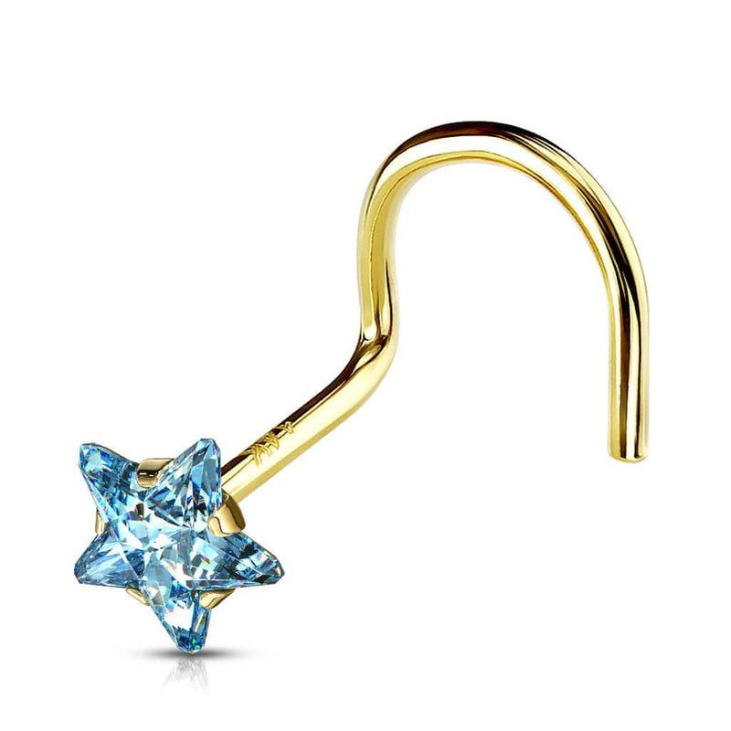 14KT Solid Yellow Gold Aqua Star Gem Corkscrew Nose Stud - Pierced Universe